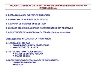PROCESO GENERAL DE TRAMITACIÓN DE UN EXPEDIENTE DE ADOPCIÓN
                         INTERNACIONAL


1. PREPARACIÓN DEL EXPEDIENTE EN ESPAÑA

2. ASIGNACIÓN DE MENORES EN EL ESTADO

3. ADOPCIÓN DE MENORES EN EL ESTADO

4. LLEGADA DEL MENOR A ESPAÑA Y SEGUIMIENTOS POST ADOPTIVOS

5. CONSTITUCIÓN DE LA ADOPCIÓN EN ESPAÑA. Carácter excepcional.


VARIABLES QUE INFLUYEN EN LA TRAMITACIÓN

1.- LEGISLACIÓN DEL PAÍS
      - CONVENIO DE LA HAYA, PROTOCOLOS…
      - NO CONVENIO DE LA HAYA.

2.- SISTEMA DE TRAMITACIÓN ELEGIDO
      - A TRAVÉS DE ENTIDAD PÚBLICA
      - A TRAVÉS DE ECAI

3.-PROCEDIMIENTO DE LEGALIZACIÓN DE DOCUMENTOS
     - LEGALIZACIÓN GENERAL
     - APOSTILLA
 