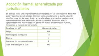 Adopción formal generalizada por
jurisdicciones
En 2005 ya había una adopción formal generalizada por las jurisdicciones de las NIIF
para Y eso sigue siendo el caso. Mientras tanto, exactamente lo que la adopción
significa en de las Naciones Unidas se ha aclarado en gran medida mediante una
revisión sistemática de 140 llevada a cabo por el IASB. El análisis abarca
aproximadamente 70% de todos los países del mundo en términos de número,
incluyendo la mayoría de los tamaño.
Estado de las NIIF Número de países
Exigir 116
Permiso pero no requiere 12
Diverso 4
Conservar las normas nacionales 8
Total analizado por el IASB 140
 