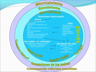 Madre
Empatia, sensibilidad a las
indicaciones.
Autoestima, concepto de uno
mismo.
Paternidad considerada como un
niño.
Madurez/flexibilidad.
Actitudes.
Experiencia del embarazo/parto.
Salud/depresión/ansiedad.
Conflicto de rol/ fuerza.
Rol maternal / identidad
Competencia/ confianza en el rol
Gratificación /satisfacción
Afecto hacia el niño
Niño
Temperamento
Habilidad para dar
indicaciones
Apariencia
Características
Responsabilidad
Salud
Resultado del niño
Cognitivo / mental
Evolutivo
Conducta / afecto
Salud
Competencia social
Relaciones madre-padre
 
