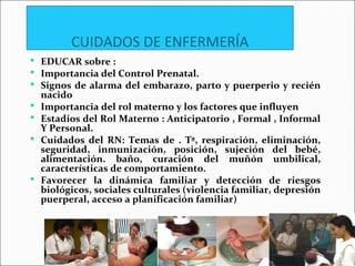 CUIDADOS DE ENFERMERÍA
 EDUCAR sobre :
 Importancia del Control Prenatal.
 Signos de alarma del embarazo, parto y puerperio y recién
nacido
 Importancia del rol materno y los factores que influyen
 Estadios del Rol Materno : Anticipatorio , Formal , Informal
Y Personal.
 Cuidados del RN: Temas de . Tª, respiración, eliminación,
seguridad, inmunización, posición, sujeción del bebé,
alimentación. baño, curación del muñón umbilical,
características de comportamiento.
 Favorecer la dinámica familiar y detección de riesgos
biológicos, sociales culturales (violencia familiar, depresión
puerperal, acceso a planificación familiar)
 