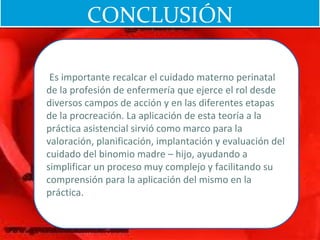 CONCLUSIÓNCONCLUSIÓN
 Es importante recalcar el cuidado materno perinatal
de la profesión de enfermería que ejerce el rol desde
diversos campos de acción y en las diferentes etapas
de la procreación. La aplicación de esta teoría a la
práctica asistencial sirvió como marco para la
valoración, planificación, implantación y evaluación del
cuidado del binomio madre – hijo, ayudando a
simplificar un proceso muy complejo y facilitando su
comprensión para la aplicación del mismo en la
práctica.
 