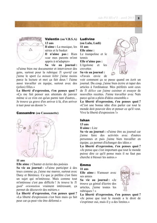 Ado Péï HS n°1 – avril 2015 8
Valentin (ou V.B.S.A)
13 ans
Il aime : La musique, les
séries et le basket
Il n'aime pas : Rien
«car mes parents m'ont
appris à m'adapter»
Sa vie au journal :
«J'aime bien me documenter et interviewer des
gens, surtout pour la rubrique Ti sportif car
j'aime le sport La minute kiltir j'aime moins
parce la lecture et moi ça fait deux ! J'aime
aussi travailler en équipe, surtout avec des
(jolies) filles.»
La liberté d'expression, t'en penses quoi ?
«Ça me fait penser aux attentats de janvier
même si ce n'en est qu'un parmi tant d'autres...
Je trouve ça grave d'en arriver à là, d'en arriver
à tuer pour un dessin !»
Cassandre (ou Cassounette)
11 ans
Elle aime : Chanter et écrire des poésies
Sa vie au journal : «J'aime participer à des
trucs comme ça, j'aime me marrer, surtout avec
Dany et Bérénice. Ce que je préfère c'est faire
un sujet qui m'intéresse. Mais comme tout
m'intéresse c'est pas difficile ! Je trouve le Ti
guid' orientation vraiment intéressant, ça
permet de découvrir des métiers.»
La liberté d'expression, t'en penses quoi ?
«La liberté d'expression c'est bien mais ça fait
peur car ça peut vite être déformé.»
Ludivine
(ou Lulu, Ludi)
11 ans
Elle aime :
Le trampoline et le
tennis
Elle n'aime pas :
L'égoïsme et les
crevettes
Sa vie au journal :
«J'avais envie de
voir comment ça se passe quand on écrit un
journal. Du coup, j'aime bien écrire et taper des
articles à l'ordinateur. Mes préférés sont ceux
de Ti délice car j'aime cuisiner et essayer de
nouvelles recettes. J'aime travailler avec Naïs
parce qu'on a plein d'idées ensemble.»
La liberté d'expression, t'en penses quoi ?
«C'est une bonne idée d'en parler car tout le
monde doit pouvoir dire et penser ce qu'il veut.
Vive la liberté d'expression !»
Ishan
13 ans
Il aime : Lire
Sa vie au journal : «J'aime être au journal car
j'aime faire des activités avec d'autres
personnes et puis j'aime bien travailler en
équipe, ça permet d'échanger des idées.»
La liberté d'expression, t'en penses quoi ?
«Je pense que c'est important que tout le monde
puisse dire ce qu'il pense mais il ne faut pas
cherche à blesser les autres.»
Emma
11 ans
Elle aime : S'amuser avec
ses amies
Sa vie au journal : «Je
trouve ça génial d'écrire des
articles, j'aime toutes les
rubriques ! »
La liberté d'expression, t'en penses quoi ?
«Je pense que tout le monde a le droit de
s'exprimer oui, mais il y a des limites.»
 