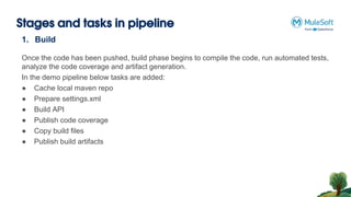 Stages and tasks in pipeline
1. Build
Once the code has been pushed, build phase begins to compile the code, run automated tests,
analyze the code coverage and artifact generation.
In the demo pipeline below tasks are added:
● Cache local maven repo
● Prepare settings.xml
● Build API
● Publish code coverage
● Copy build files
● Publish build artifacts
 
