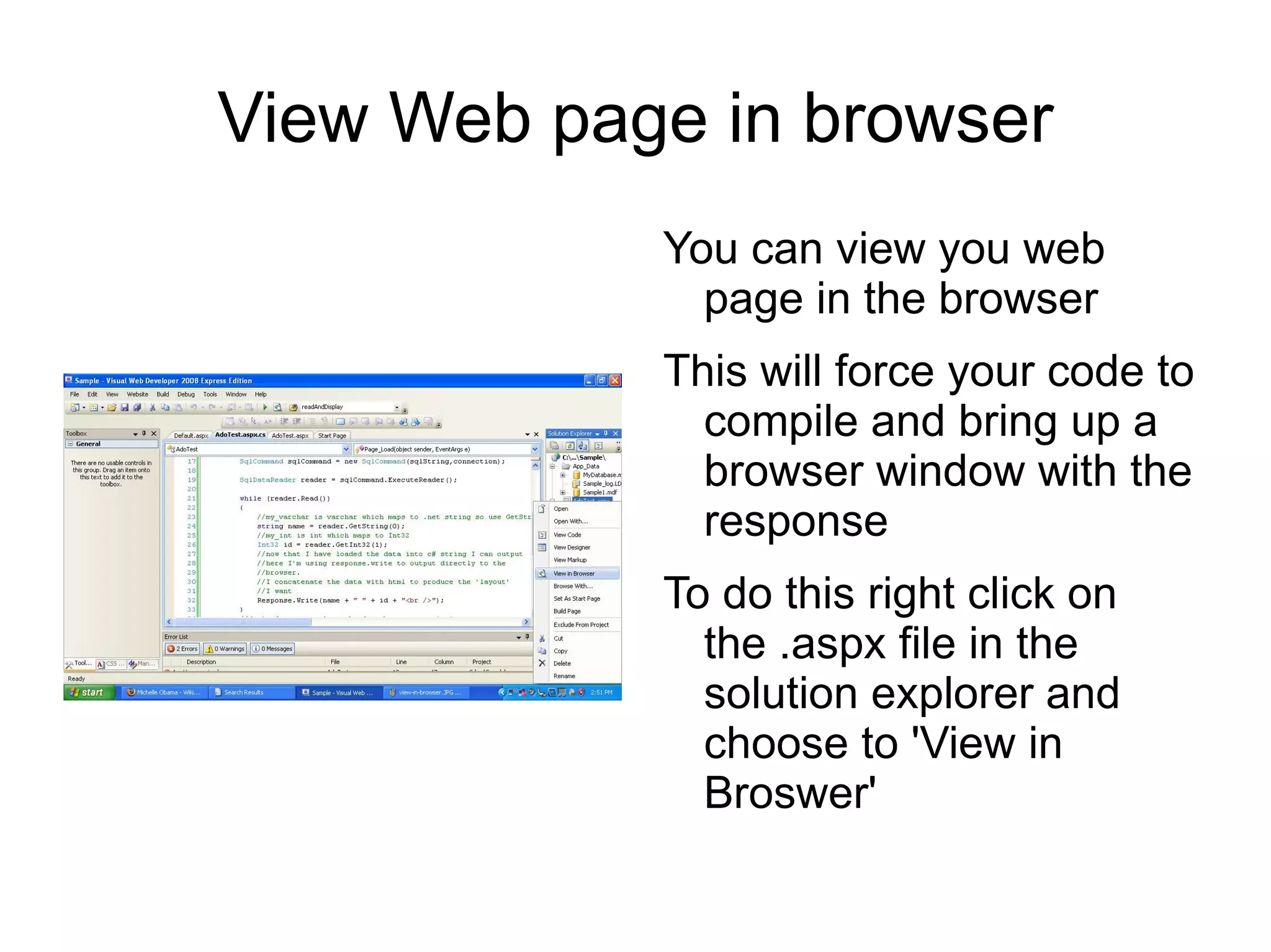 Create Web Form Go back to Solution Explorer 