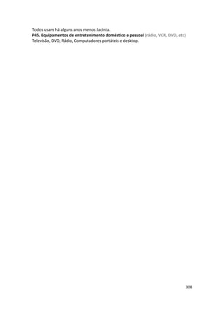 Todos usam há alguns anos menos Jacinta.
P45. Equipamentos de entretenimento doméstico e pessoal (rádio, VCR, DVD, etc)
Televisão, DVD, Rádio, Computadores portáteis e desktop.




                                                                                 308
 