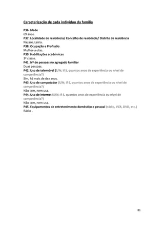 Caracterização de cada indivíduo da família

P36. Idade
69 anos.
P37. Localidade de residência/ Concelho de residência/ Distrito de residência
Nazaré, Leiria.
P38. Ocupação e Profissão
Mulher-a-dias.
P39. Habilitações académicas
3ª classe.
P41. Nº de pessoas no agregado familiar
Duas pessoas.
P42. Uso de telemóvel (S/N; if S, quantos anos de experiência ou nível de
competência?)
Sim, há mais de dez anos.
P43. Uso de computador (S/N; if S, quantos anos de experiência ou nível de
competência?)
Não tem, nem usa.
P44. Uso de internet (S/N; if S, quantos anos de experiência ou nível de
competência?)
Não tem, nem usa.
P45. Equipamentos de entretenimento doméstico e pessoal (rádio, VCR, DVD, etc.)
Rádio .




                                                                                  81
 