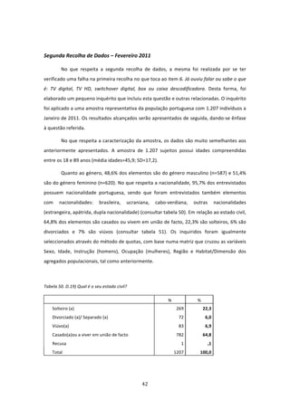  


Segunda Recolha de Dados – Fevereiro 2011 

             No  que  respeita  a  segunda  recolha  de  dados,  a  mesma  foi  realizada  por  se  ter 
verificado uma falha na primeira recolha no que toca ao item 6. Já ouviu falar ou sabe o que 
é:  TV  digital,  TV  HD,  switchover  digital,  box  ou  caixa  descodificadora.  Desta  forma,  foi 
elaborado um pequeno inquérito que incluiu esta questão e outras relacionadas. O inquérito 
foi aplicado a uma amostra representativa da população portuguesa com 1.207 indivíduos a 
Janeiro de 2011. Os resultados alcançados serão apresentados de seguida, dando‐se ênfase 
à questão referida.  

             No que respeita a caracterização da amostra, os dados são muito semelhantes aos 
anteriormente  apresentados.  A  amostra  de  1.207  sujeitos  possui  idades  compreendidas 
entre os 18 e 89 anos (média idades=45,9; SD=17,2).  

             Quanto ao género, 48,6% dos elementos são do género masculino (n=587) e 51,4% 
são do género feminino (n=620). No que respeita a nacionalidade, 95,7% dos entrevistados 
possuem  nacionalidade  portuguesa,  sendo  que  foram  entrevistados  também  elementos 
com  nacionalidades:  brasileira,  ucraniana,  cabo‐verdiana,  outras  nacionalidades 
(estrangeira, apátrida, dupla nacionalidade) (consultar tabela 50). Em relação ao estado civil, 
64,8% dos elementos são casados ou vivem em união de facto, 22,3% são solteiros, 6% são 
divorciados  e  7%  são  viúvos  (consultar  tabela  51).  Os  inquiridos  foram  igualmente 
seleccionados através do método de quotas, com base numa matriz que cruzou as variáveis 
Sexo,  Idade,  Instrução  (homens),  Ocupação  (mulheres),  Região  e  Habitat/Dimensão  dos 
agregados populacionais, tal como anteriormente.  

 

Tabela 50. D.19) Qual é o seu estado civil? 

                                                                 N             % 
        Solteiro (a)                                                   269          22,3 
        Divorciado (a)/ Separado (a)                                    72           6,0 
        Viúvo(a)                                                        83           6,9 
        Casado(a)ou a viver em união de facto                          782          64,8 
        Recusa                                                           1            ,1 
        Total                                                         1207       100,0 

 



                                                    42 
 