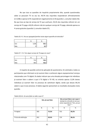 No  que  toca  as  questões  do  inquérito  propriamente  dito,  quando  questionados 
sobre  se  possuíam  TV  no  seu  lar,  99,7%  dos  inquiridos  responderam  afirmativamente 
(n=1198) e apenas 0,7% responderam negativamente (n=9) (questão 1, consultar tabela 56). 
No  que  toca  ao  tipo  de  serviço  de  TV  que  usufruem,  59,1%  dos  inquiridos  referem  ter  um 
serviço de TV paga e 40,2% referem não ter qualquer serviço de TV pago, obtendo apenas os 
4 canais gratuitos (questão 3, consultar tabela 57).  

 

Tabela 56. P.1. No seu agregado familiar existe algum aparelho de televisão? 

                          N                    % 
    Sim                        1198                 99,7 
    Não                           9                  0,7 
 

Tabela 57.  P.3. Tem algum serviço de TV paga em casa? 

                          N                    % 
    Sim                         713                 59,1 
    Não                         482                 40,3 
 

           A respeito da questão central da aplicação do questionário, foi solicitado a todos os 
participantes que referissem se já ouviram falar e conhecem alguns equipamentos/ serviços 
relacionados com TV digital. Os dados indicam que uma elevada percentagem de indivíduos 
já  ouviram  falar  e  sabem  o  que  é  TV  digital  e  TV  HD,  no  entanto  apenas  11,0%  destes 
indivíduos  já  ouviram  falar  no  processo  de  switchover  digital,  sendo  que  desses  84,1% 
sabem o que é esse processo. A tabela seguinte apresentam os resultados alcançados nesta 
questão.  

 
Tabela 58.6.A. Já ouviu falar ou sabe o que é? 
                                                                        Sim, já ouvi falar e sei o que é 
                                                Sim, já ouvi falar 
                                                                       (pergunta colocada só aos que 
                                                          
                                                                       antes reponderam “Sim, já ouvi 
                                                          
                                                                                    falar” “ 
                                               N                  %           N                 % 

TV digital                             905                  75,5%      753               83,2% 
                                                                                          
TV de alta definição                   831                  69,4%      719               86,5% 



                                                        45 
 