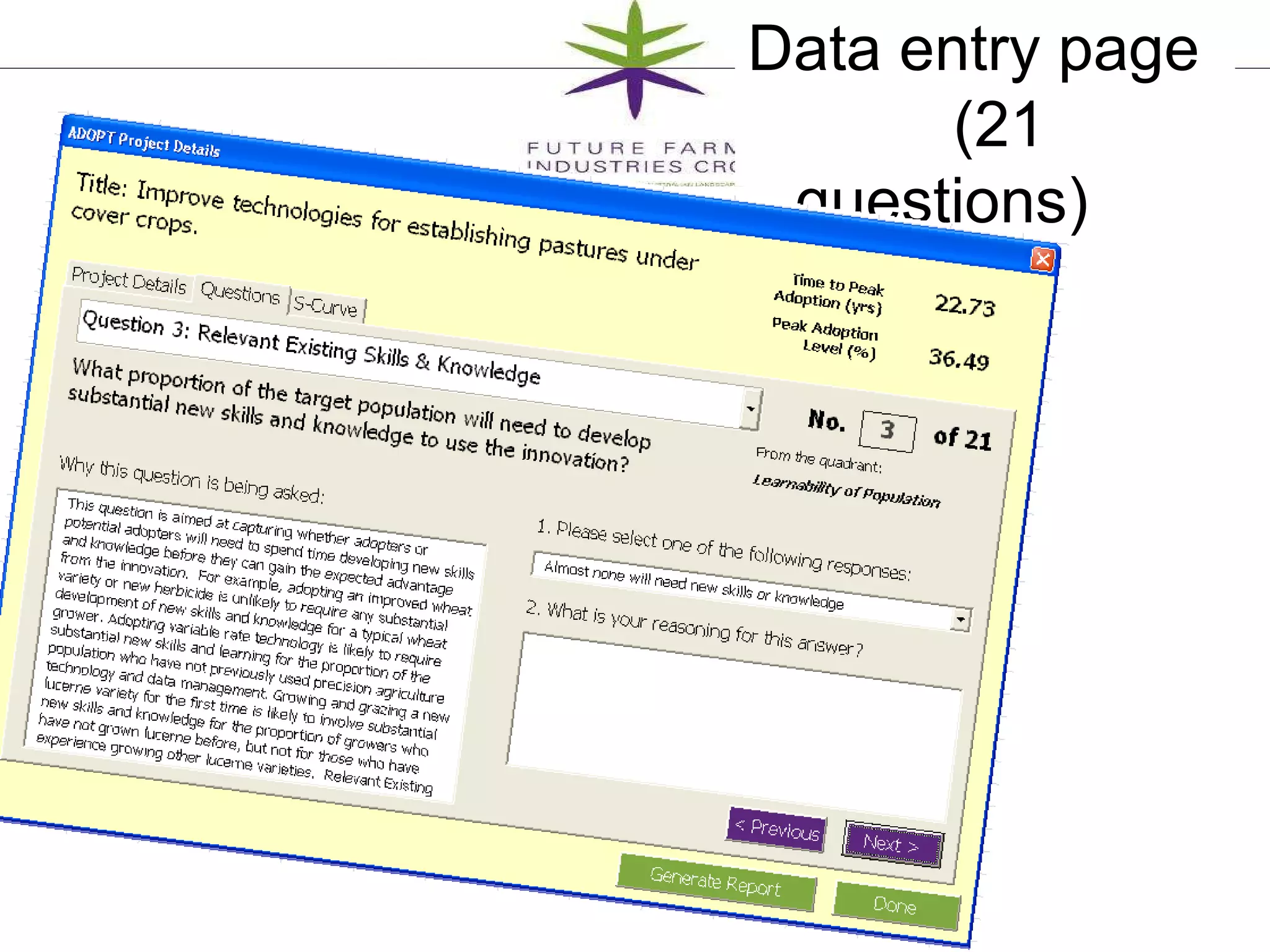 Data entry page  (21 questions) 
