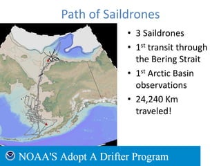Path of Saildrones
• 3 Saildrones
• 1st transit through
the Bering Strait
• 1st Arctic Basin
observations
• 24,240 Km
traveled!
 