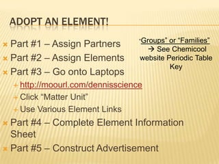 Adopt an Element! “Groups” or “Families”  See Chemicool website Periodic Table Key Part #1 – Assign Partners Part #2 – Assign Elements Part #3 – Go onto Laptops http://moourl.com/dennisscience Click “Matter Unit” Use Various Element Links  Part #4 – Complete Element Information Sheet Part #5 – Construct Advertisement 