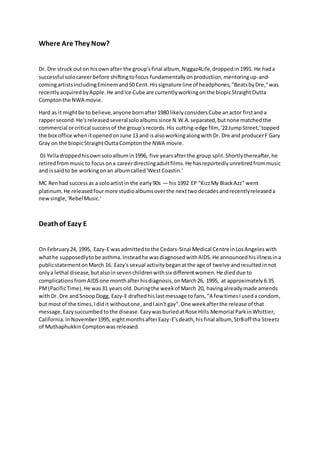 Where Are They Now?
Dr. Dre struck outon hisownafter the group'sfinal album, Niggaz4Life,droppedin1991. He hada
successful...