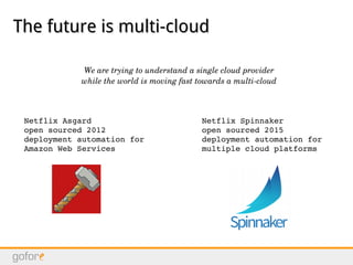 The future is multi-cloudThe future is multi-cloud
Netflix Asgard
open sourced 2012
deployment automation for
Amazon Web Services
Netflix Spinnaker
open sourced 2015
deployment automation for
multiple cloud platforms
We are trying to understand a single cloud provider
while the world is moving fast towards a multi­cloud
 