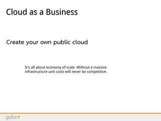 Cloud as a BusinessCloud as a Business
Create your own public cloud
It's all about economy of scale. Without a massive
infrastructure unit costs will never be competitive.
 