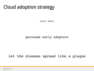 start small
persuade early adopters
let the disease spread like a plague
Cloud adoption strategyCloud adoption strategy
 