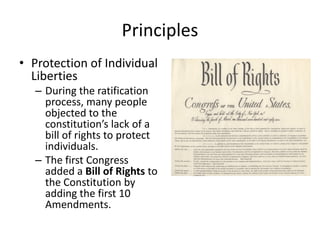 Principles
• Protection of Individual
Liberties
– During the ratification
process, many people
objected to the
constitution’s lack of a
bill of rights to protect
individuals.
– The first Congress
added a Bill of Rights to
the Constitution by
adding the first 10
Amendments.

 