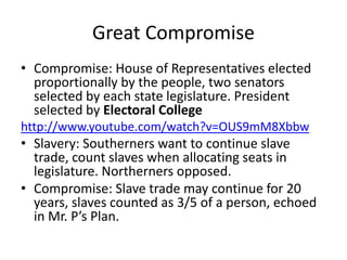 Great Compromise
• Compromise: House of Representatives elected
proportionally by the people, two senators
selected by each state legislature. President
selected by Electoral College
http://www.youtube.com/watch?v=OUS9mM8Xbbw

• Slavery: Southerners want to continue slave
trade, count slaves when allocating seats in
legislature. Northerners opposed.
• Compromise: Slave trade may continue for 20
years, slaves counted as 3/5 of a person, echoed
in Mr. P’s Plan.

 