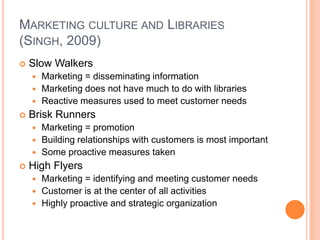 Marketing culture and Libraries(Singh, 2009)Slow WalkersMarketing = disseminating informationMarketing does not have much to do with librariesReactive measures used to meet customer needsBrisk RunnersMarketing = promotionBuilding relationships with customers is most importantSome proactive measures takenHigh FlyersMarketing = identifying and meeting customer needsCustomer is at the center of all activitiesHighly proactive and strategic organization
