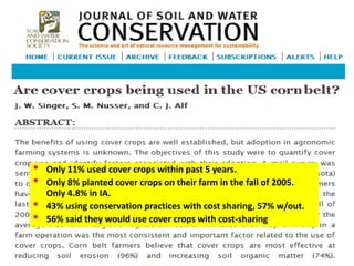 • Only 11% used cover crops within past 5 years.
• Only 8% planted cover crops on their farm in the fall of 2005.
Only 4.8% in IA.
• 43% using conservation practices with cost sharing, 57% w/out.
• 56% said they would use cover crops with cost-sharing
 