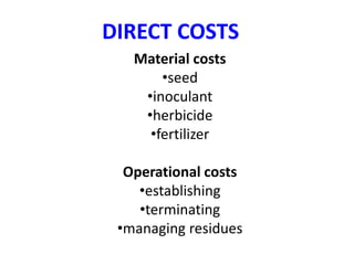 Material costs
•seed
•inoculant
•herbicide
•fertilizer
Operational costs
•establishing
•terminating
•managing residues
DIRECT COSTS
 