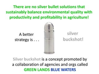 Silver buckshot is a concept promoted by
a collaboration of agencies and orgs called
GREEN LANDS BLUE WATERS
There are no silver bullet solutions that
sustainably balance environmental quality with
productivity and profitability in agriculture!
A better
strategy is . . .
silver
buckshot!
 