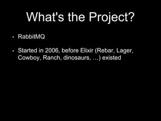What's the Project?
• RabbitMQ
• Started in 2006, before Elixir (Rebar, Lager,
Cowboy, Ranch, dinosaurs, …) existed
 
