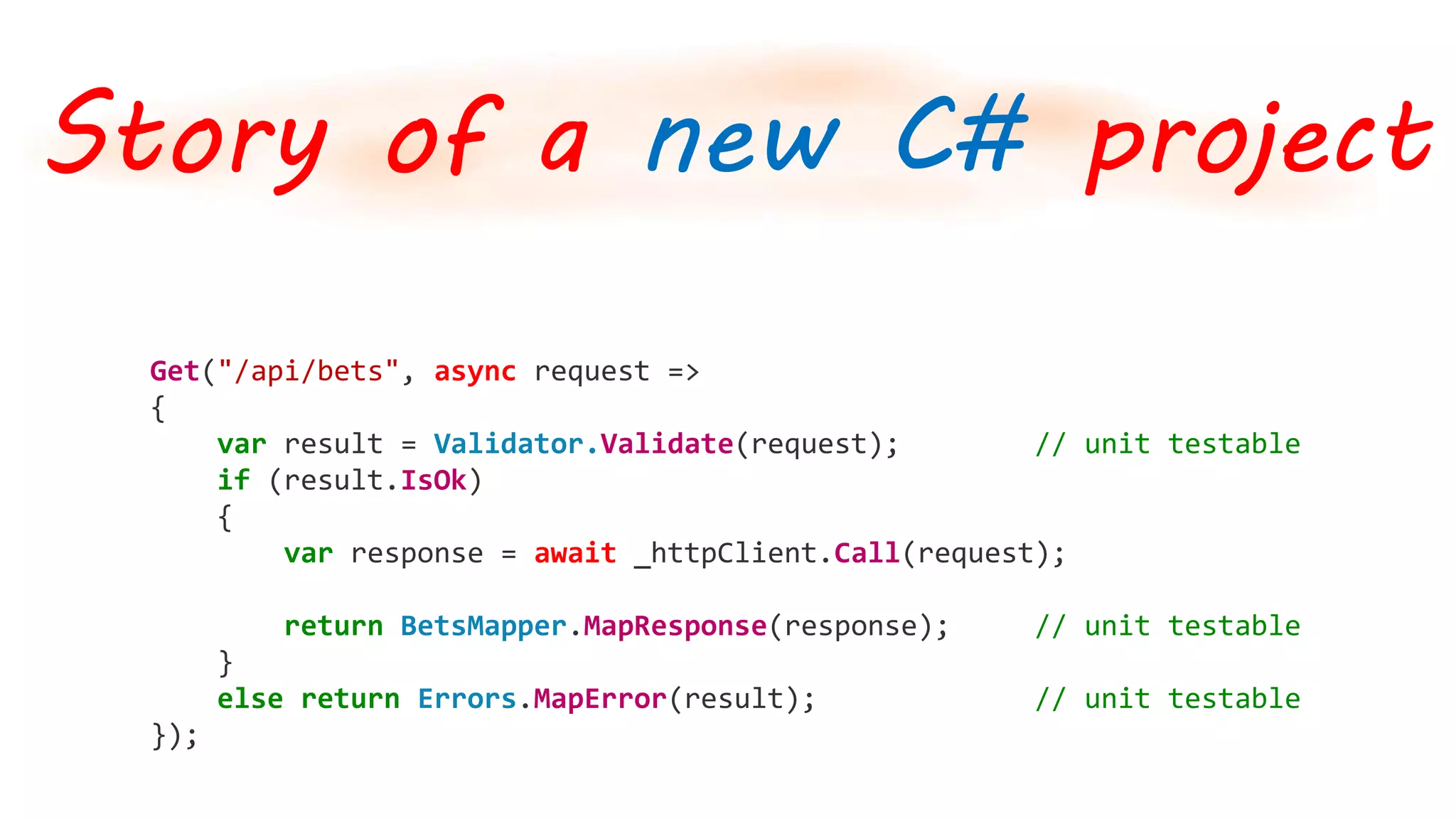 Story of a new C# project
Get("/api/bets", async request =>
{
var result = Validator.Validate(request); // unit testable
if (result.IsOk)
{
var response = await _httpClient.Call(request);
return BetsMapper.MapResponse(response); // unit testable
}
else return Errors.MapError(result); // unit testable
});
 