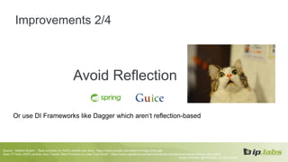 Improvements 2/4
Avoid Reflection
Or use DI Frameworks like Dagger which aren‘t reflection-based
Vadym Kazulkin @VKazulkin , ip.labs GmbH
Source: Stefano Buliani : "Best practices for AWS Lambda and Java„ https://www.youtube.com/watch?v=ddg1u5HLwg8
Sean O‘Toole „AWS Lambda Java Tutorial: Best Practices to Lower Cold Starts” https://www.capitalone.com/tech/cloud/aws-lambda-java-tutorial-reduce-cold-starts/
 