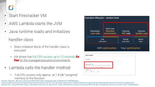 • Start Firecracker VM
• AWS Lambda starts the JVM
• Java runtime loads and initializes
handler class
• Static initializer block of the handler class is
executed
• Init-phase has full CPU access up to 10 seconds for
free for the managed execution environments
• Lambda calls the handler method
• Full CPU access only approx. at 1.8 GB “assigned”
memory to the function
Sources: Ajay Nair „Become a Serverless Black Belt” https://www.youtube.com/watch?v=oQFORsso2go
Tomasz Łakomy "Notes from Optimizing Lambda Performance for Your Serverless Applications“ https://tlakomy.com/optimizing-lambda-performance-for-serverless-applications
Michael Hart: „Shave 99.93% off your Lambda bill with this one weird trick“ https://hichaelmart.medium.com/shave-99-93-off-your-lambda-bill-with-this-one-weird-trick-33c0acebb2ea
 