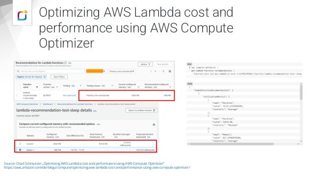 Optimizing AWS Lambda cost and
performance using AWS Compute
Optimizer
Source: Chad Schmutzer „Optimizing AWS Lambda cost and performance using AWS Compute Optimizer”
https://aws.amazon.com/de/blogs/compute/optimizing-aws-lambda-cost-and-performance-using-aws-compute-optimizer/
 