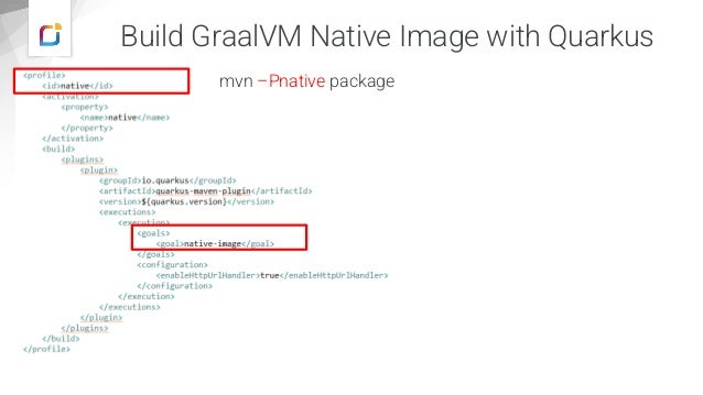 Build GraalVM Native Image with Quarkus
mvn –Pnative package
 