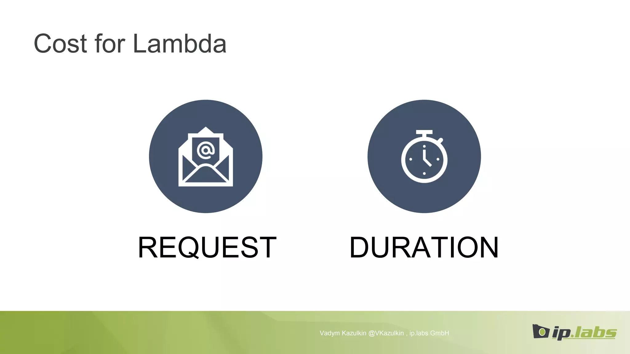 Cost for Lambda
REQUEST DURATION
Vadym Kazulkin @VKazulkin , ip.labs GmbH
 
