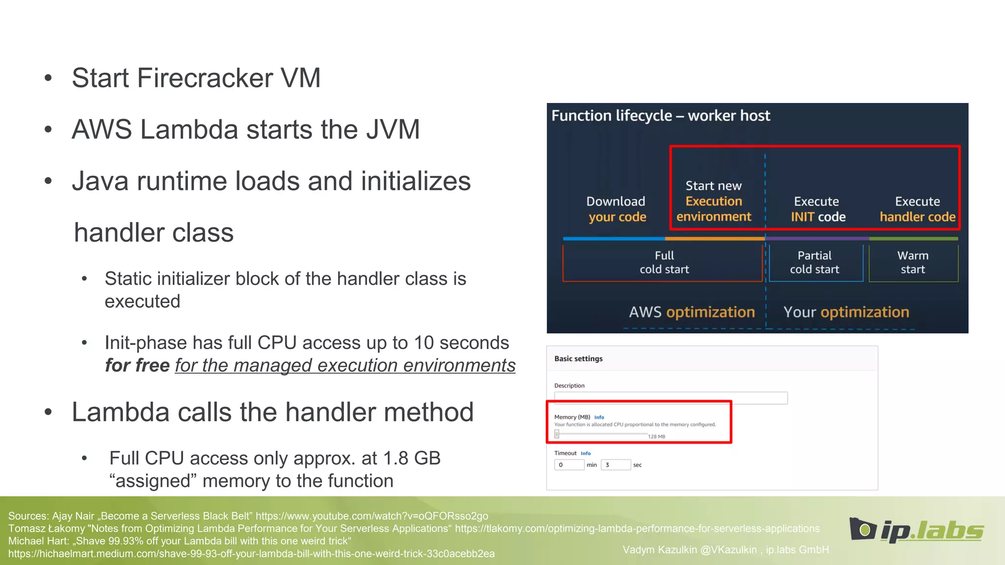 • Start Firecracker VM
• AWS Lambda starts the JVM
• Java runtime loads and initializes
handler class
• Static initializer block of the handler class is
executed
• Init-phase has full CPU access up to 10 seconds
for free for the managed execution environments
• Lambda calls the handler method
• Full CPU access only approx. at 1.8 GB
“assigned” memory to the function
Vadym Kazulkin @VKazulkin , ip.labs GmbH
Sources: Ajay Nair „Become a Serverless Black Belt” https://www.youtube.com/watch?v=oQFORsso2go
Tomasz Łakomy "Notes from Optimizing Lambda Performance for Your Serverless Applications“ https://tlakomy.com/optimizing-lambda-performance-for-serverless-applications
Michael Hart: „Shave 99.93% off your Lambda bill with this one weird trick“
https://hichaelmart.medium.com/shave-99-93-off-your-lambda-bill-with-this-one-weird-trick-33c0acebb2ea
 