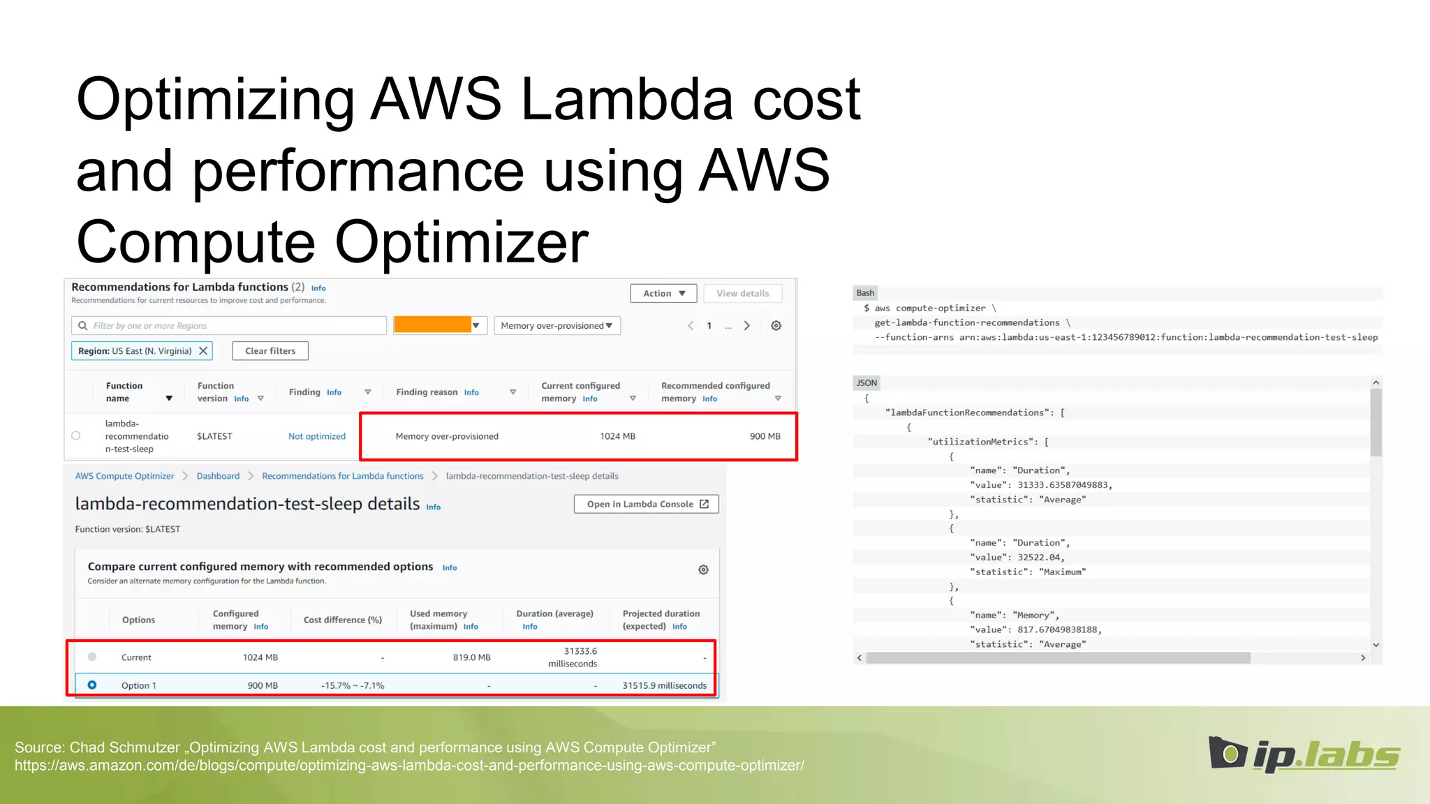 Optimizing AWS Lambda cost
and performance using AWS
Compute Optimizer
Source: Chad Schmutzer „Optimizing AWS Lambda cost and performance using AWS Compute Optimizer”
https://aws.amazon.com/de/blogs/compute/optimizing-aws-lambda-cost-and-performance-using-aws-compute-optimizer/
 