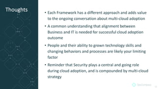 Thoughts • Each Framework has a different approach and adds value
to the ongoing conversation about multi-cloud adoption
• A common understanding that alignment between
Business and IT is needed for successful cloud adoption
outcome
• People and their ability to grown technology skills and
changing behaviors and processes are likely your limiting
factor
• Reminder that Security plays a central and going role
during cloud adoption, and is compounded by multi-cloud
strategy
12
 