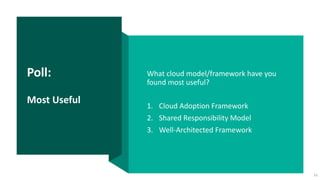 Poll:
Most Useful
What cloud model/framework have you
found most useful?
1. Cloud Adoption Framework
2. Shared Responsibility Model
3. Well-Architected Framework
34
 