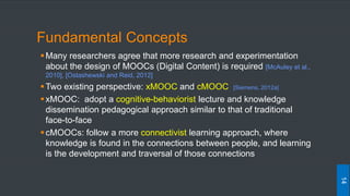 Fundamental Concepts
Many researchers agree that more research and experimentation
about the design of MOOCs (Digital Content) is required [McAuley et al.,
2010], [Ostashewski and Reid, 2012]
Two existing perspective: xMOOC and cMOOC [Siemens, 2012a]
xMOOC: adopt a cognitive-behaviorist lecture and knowledge
dissemination pedagogical approach similar to that of traditional
face-to-face
cMOOCs: follow a more connectivist learning approach, where
knowledge is found in the connections between people, and learning
is the development and traversal of those connections
14
 