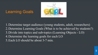 Learning Goals
1.Determine target audience (young students, adult, researchers)
2.Determine Learning Goals (What is to be achieved by students?)
3.Divide into topics and sub-topics (Learning Objects - LO)
4.Determine the learning goals for each LO
5.Each LO should be about 3-7 min.
34
 