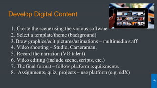 Develop Digital Content
1. Create the scene using the various software
2. Select a template/theme (background)
3.Draw graphics/edit pictures/animations – multimedia staff
4. Video shooting – Studio, Cameraman,
5. Record the narration (VO talent)
6. Video editing (include scene, scripts, etc.)
7. The final format – follow platform requirements.
8. Assignments, quiz, projects – use platform (e.g. edX)
41
 