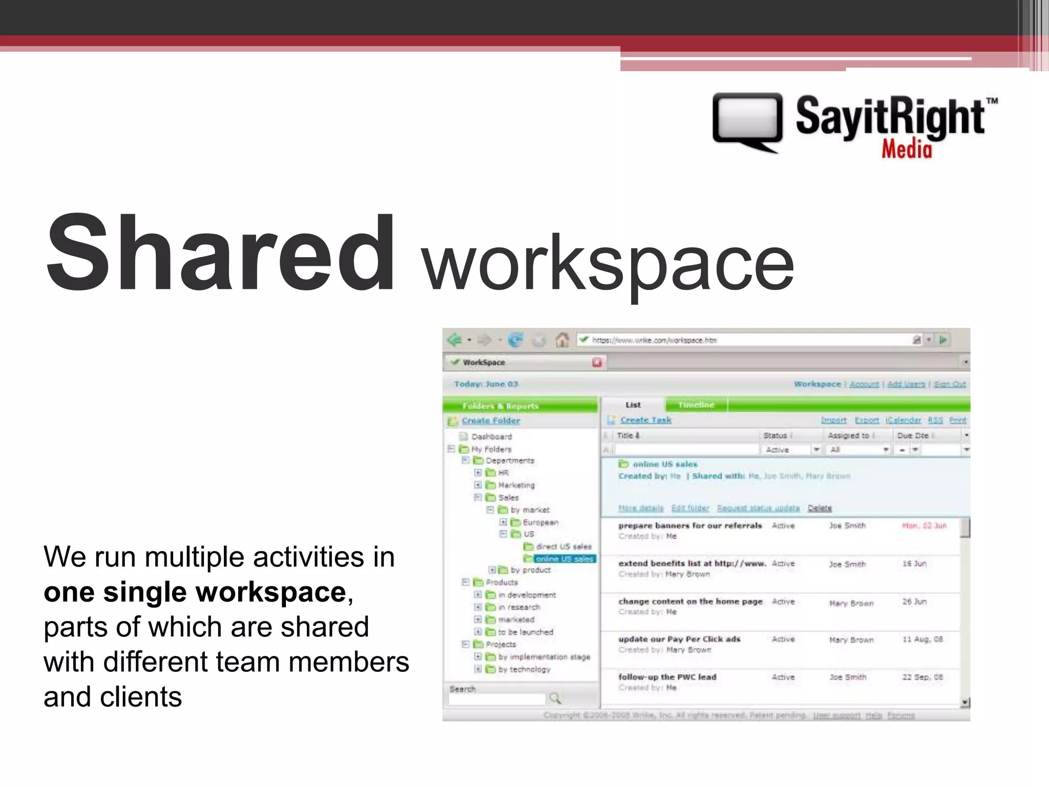 Shared workspaceWe run multiple activities in one single workspace, parts of which are shared with different team members and clients 