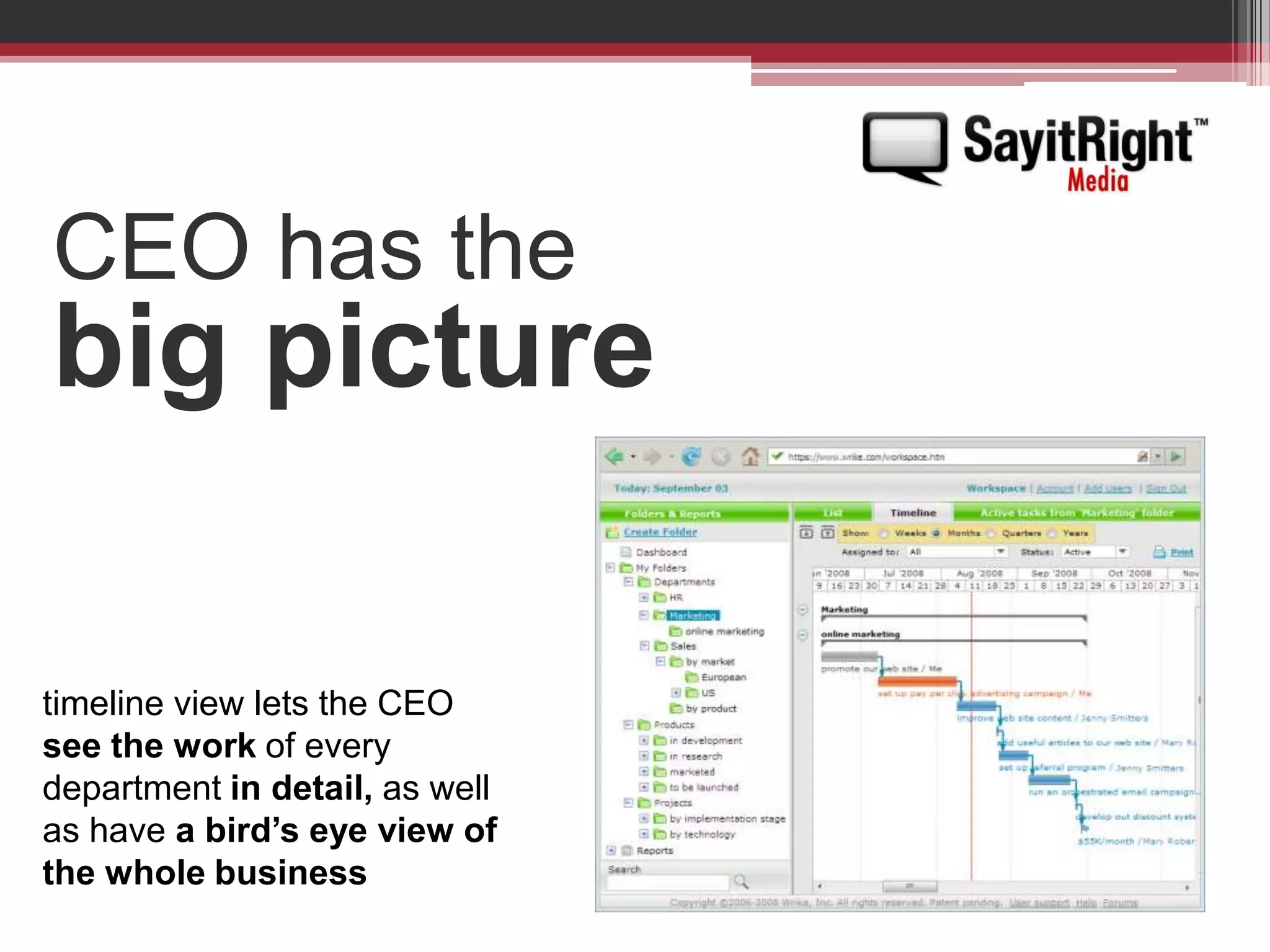 CEO has the big picturetimeline view lets the CEO see the work of every department in detail, as well as have a bird’s eye view of the whole business 