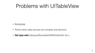 Problems with UITableView
• Boilerplate
• Painful when data sources are complex and dynamic
• Not type safe (dequeueReusableCellWithIdentiﬁer etc.)
24
 