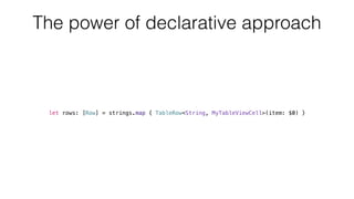 The power of declarative approach
let rows: [Row] = strings.map { TableRow<String, MyTableViewCell>(item: $0) }
 
