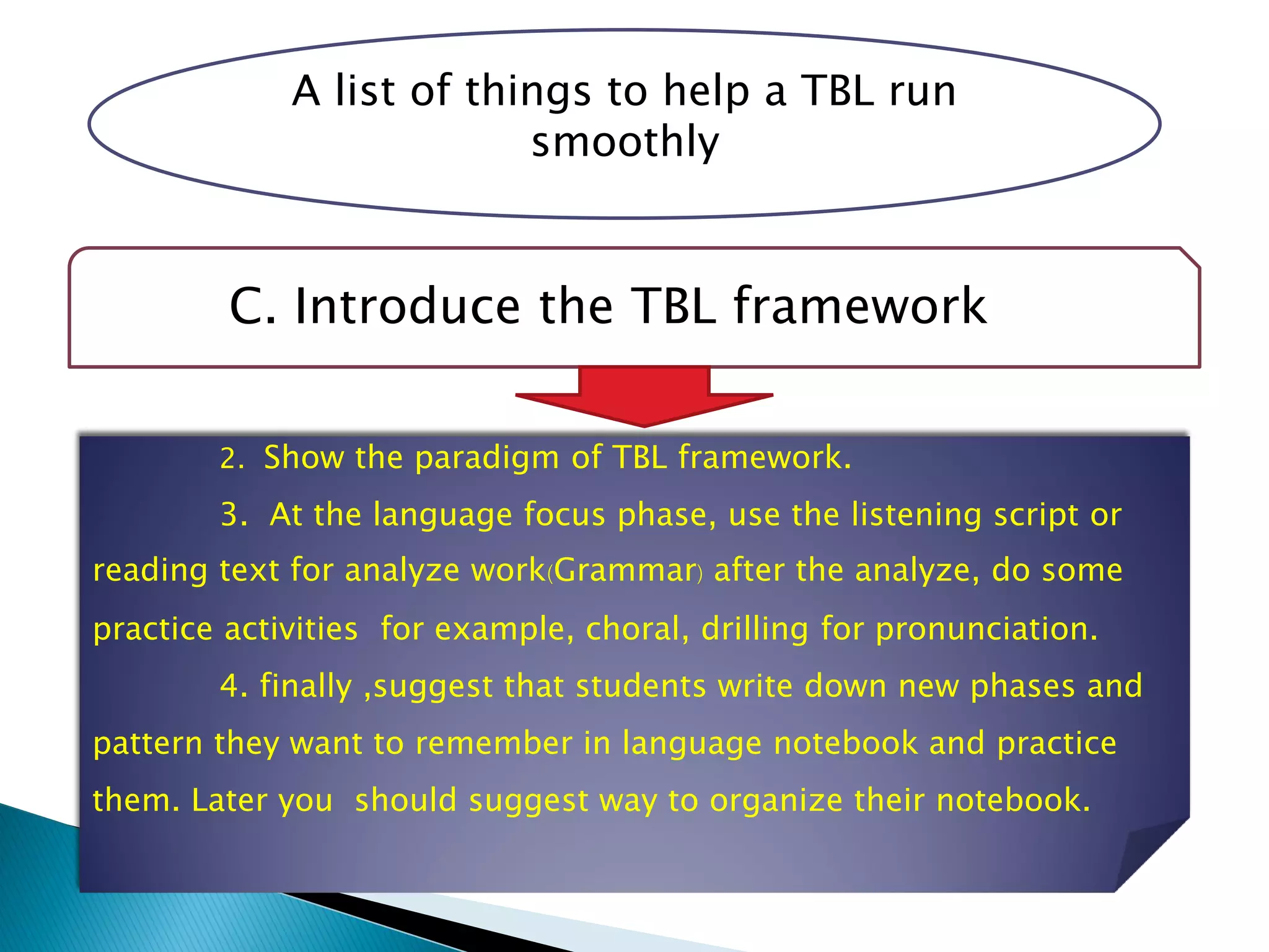 A list of things to help a TBL run
smoothly
C. Introduce the TBL framework
2. Show the paradigm of TBL framework.
3. At the language focus phase, use the listening script or
reading text for analyze work(Grammar) after the analyze, do some
practice activities for example, choral, drilling for pronunciation.
4. finally ,suggest that students write down new phases and
pattern they want to remember in language notebook and practice
them. Later you should suggest way to organize their notebook.
 