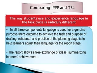 Comparing PPP and TBL
The way students use and experience language in
the task cycle is radically different
• In all three components language is used for a genuine
purpose-there outcome to achieve the task and purpose of
drafting, rehearsal and practice at the planning stage is to
help learners adjust their language for the report stage .
• The report allows s free exchange of ideas, summarizing
learners’ achievement.
 