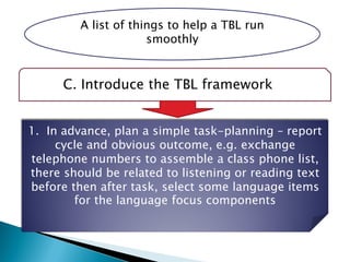 A list of things to help a TBL run
smoothly
C. Introduce the TBL framework
1. In advance, plan a simple task-planning – report
cycle and obvious outcome, e.g. exchange
telephone numbers to assemble a class phone list,
there should be related to listening or reading text
before then after task, select some language items
for the language focus components
 