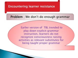 Encountering learner resistance
Problem ; We don’t do enough grammar
Earlier version of TBL trended to
play down explicit grammar
instruction, learners do not
recognize consciousness raising
activities as relevant substitutes for
being taught proper grammar
 