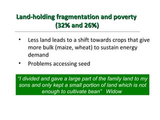 Land-holding fragmentation and poverty  (32% and 26%) <ul><li>Less land leads to a shift towards crops that give more bulk...