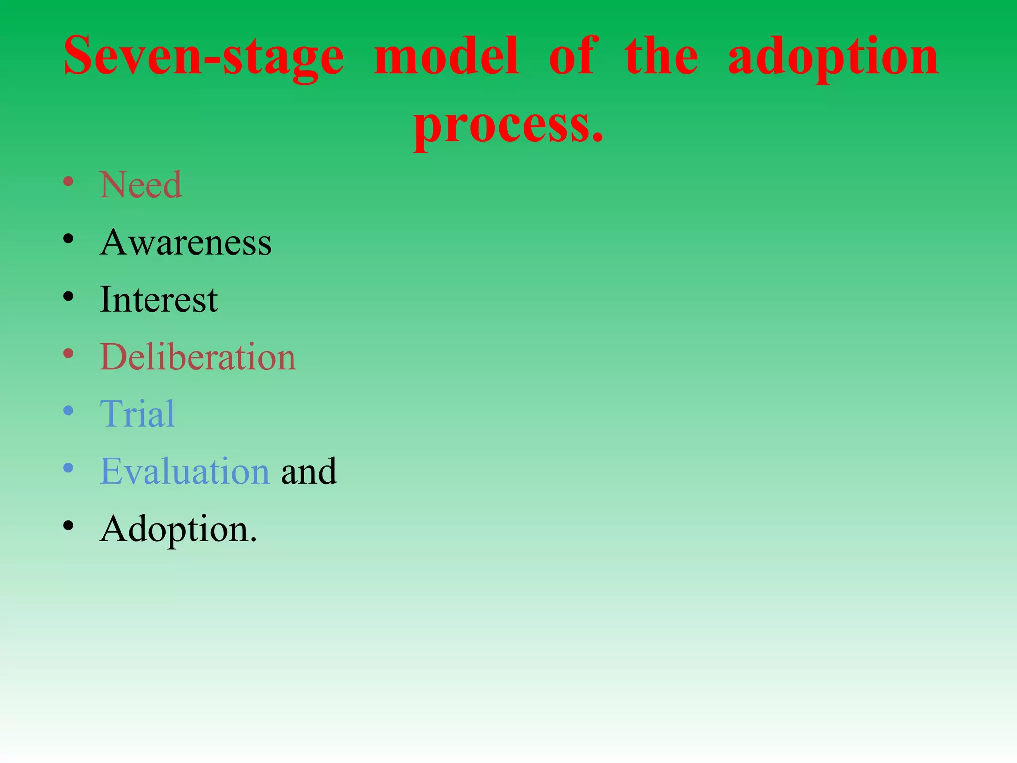 Seven-stage model of the adoption
process.
• Need
• Awareness
• Interest
• Deliberation
• Trial
• Evaluation and
• Adoption.
 