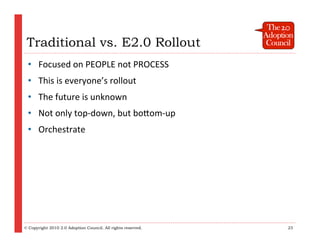 Traditional vs. E2.0 Rollout
 • Focused on PEOPLE not PROCESS
 • This is everyone’s rollout
 • The future is unknown
 • No...